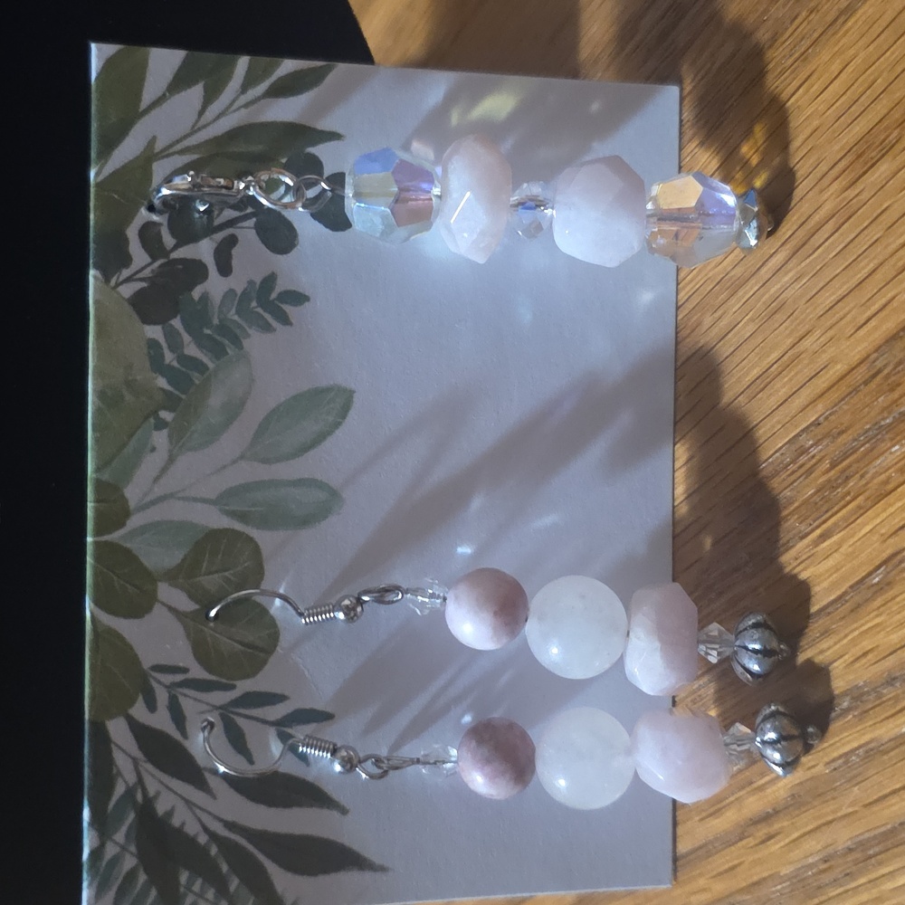 Delicate Pink Stone Drop Earrings & Pendant Set